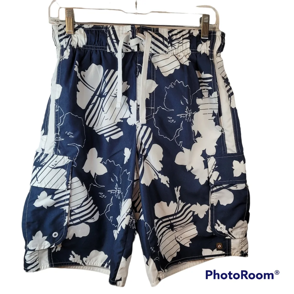 Hang Ten Mens Hawaiian Lined Board Short Swim Trunk Sz Sm Cargo Side Back Pocket